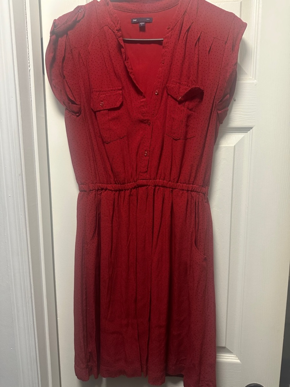 GAP Red Short Sleeve Button Front Dress with Subtle Dots